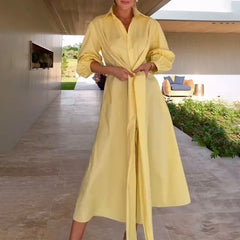 Women Single Breasted Long Sleeve Shirts Dress Elegant Turn Down Collar Solid Color Tie-up Dress Fashion Casual Commuting Dress