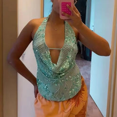 hirigin Sexy Glitter Sequin Tank Tops Women Y2K Fashion Deep V-neck Hollow Out Cropped Tops Tee Summer New Backless Beach Tops