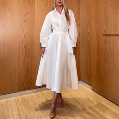 Women Single Breasted Long Sleeve Shirts Dress Elegant Turn Down Collar Solid Color Tie-up Dress Fashion Casual Commuting Dress
