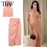 TRAF Satin Skirt Set Women's Two Pieces Set Elegant Halter Backless Top Set 2 Piece Woman Midi High Waist Wrap Skirt Suit Outfit