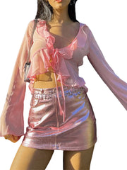 Tops cortos transparentes sexys para mujer, color rosa, de manga larga, acampanados, con escote en V profundo y dobladillo plisado, para verano, blusa Fairycore, ropa de calle