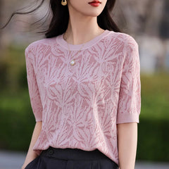 Camisetas para mujer, camisetas de verano 2025, nuevas camisetas de cuello redondo de media manga, camisetas de color liso con estampado de hojas de arce, tops casuales de moda.