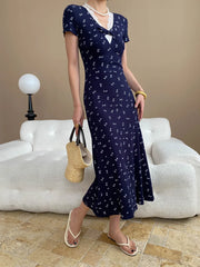 Spring and summer women's casual floral print V-neck short sleeved lace patchwork slim fit dress