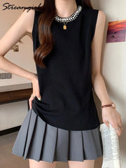 Blusa de punto con cuentas de verano para mujer, elegante blusa blanca lisa sin mangas para oficina, top de punto fino con cuello redondo, camiseta sin mangas con cuentas para mujer