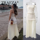 TRAFZA 2025 Trendy Women Beige Slim Strapless Tank Tops Knit Dress Set Solid High Waist Patchwork Long Skirt Summer Vacation