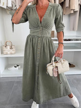 Women's American Style New Fashion Sexy V-neck Ankle Length Button Jean Dress Washed Solid Vintage Denim Dresses Female Clothes