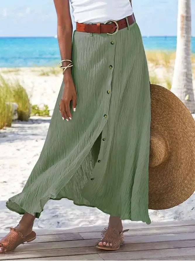 Women Skirt 2025 Spring Summer New Fashion Casual Cotton And Linen Solid Color Buttons Skirt Split A- Line Hip Waist Long Skirt