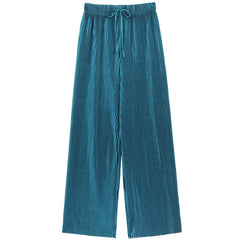 Women Fashion Summer Wide Leg Pants Pleated Ice Silk Trousers Elastic Waist Loose Casual Pants