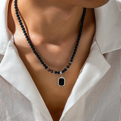 Collar de cuentas negras con colgante cuadrado para hombre, accesorio de moda para el cuello, joyería de moda 2023, regalo decorativo para hombre.