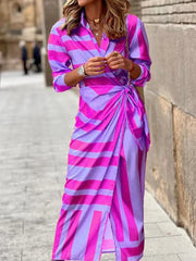 Spring Autumn Fashion Print Dress Blouse Neck Tie Mid Length Striped Skirt Casual Comfortable Street Women's Wear Dresses Robe