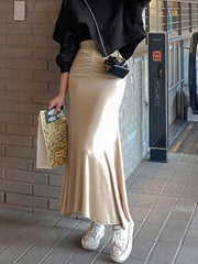 Shirring Satin Skirts for Women High Waisted Skirt 2025 Women A-Line Elegant Skirts Summer Pink Midi Skirt New Korean Style