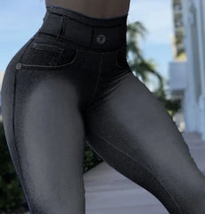 Denim Look Print High Waist Tummy Control Butt Lift Leggings Women Slim Pencil Pants Spring Summer Leggins New