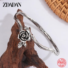 Pulsera y brazalete ajustable de flor negra de plata esterlina 925 ZDADAN para mujer, joyería de moda