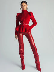 Women's PU Pants High Waist Fashion Style Trousers With Pockets Solid Color Straight-leg Pants Red Streetwear Spring Autumn