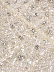 VC Nude Strapless Crystals Embellished Long Dress Sheath Low V Neck Sleeveless Feather High Side Slit Floor Length Evening Gown