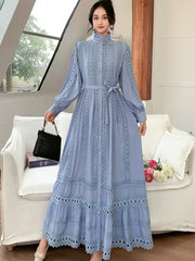 2025 New Women's Dress Boho Retro Hollow Lace Splicing Spring And Autumn Dress Belt Waist Long Sleeve Lapel Long Dress