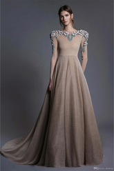 A Line Neck Embroidery Sweep Train Long Sleeves Prom Dress Custom Made Formal Evening Gowns