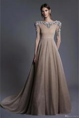 A Line Neck Embroidery Sweep Train Long Sleeves Prom Dress Custom Made Formal Evening Gowns