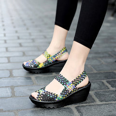 Women Platform Weave Sandals Breathable Summer Walking Shoes Women Sneakers Slip On 5CM Heel Handmade Female Zapatillas Mujer