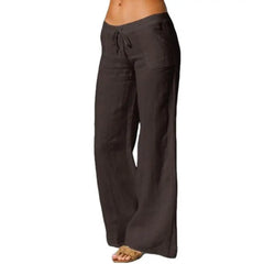 Women Pants Solid Color Pockets Drawstring Elastic Wide Leg Pants Long Yoga Trousers