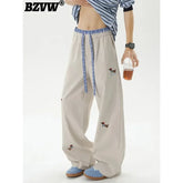Women Pants Spring Summer New Patchwork Dog Embroidery Cute High Waist Drawstring Waist Wide Leg Pants Female Women Pants Clothe