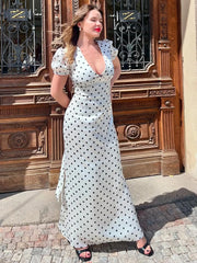 JULISSA MO Sexy V-neck Print Polka Dot Women Maxi Dress White Short Sleeve Lace Up Dress Summer Slim Elegant Party Evening Dress