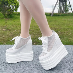 Breathable Mesh Women’s Platform Shoes 2025 Summer High Heels 14cm 16cm Female Sneakers Women White Black Shoes Summer Sneaker