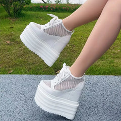 Breathable Mesh Women’s Platform Shoes 2025 Summer High Heels 14cm 16cm Female Sneakers Women White Black Shoes Summer Sneaker