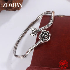 Pulsera y brazalete ajustable de flor negra de plata esterlina 925 ZDADAN para mujer, joyería de moda