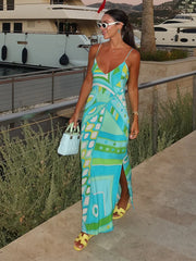 Vestido largo con estampado elegante para mujer, sin mangas, espalda descubierta, abertura lateral, para fiesta, verano 2025, para playa, hasta los tobillos