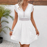 Summer Casual Lace Hollow Stretch Dress Women 2025 Elegant Sleeveless White High Waist Midi Dresses Elegant Clothing