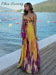 Elegant Printed Long Party Dress Women Strapless Sleeveless Backless Slim Sling Pleated Dresses 2025 Summer Lady Party Robes New