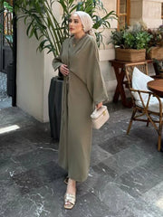 Elegante vestido largo plisado con cintura para mujer, manga larga, encaje, cuello redondo, suelto, verano otoño 2025, nuevo, hasta los tobillos.