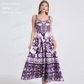 Vestido maxi floral de verano de porcelana morada para mujer, elástico, bohemio, estampado, largo, para vacaciones en la playa y fiestas.