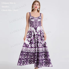 Vestido maxi floral de verano de porcelana morada para mujer, elástico, bohemio, estampado, largo, para vacaciones en la playa y fiestas.