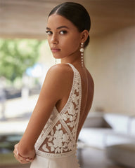 Vestido de novia con apliques y cuello en V blanco de Kyoto 2025 sin espalda personalizado جديد في الفساتين A-line vestidos de novia de cola larga