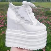 Zapatos de plataforma de malla transpirable para mujer, tacones altos de verano 2025, 14 cm y 16 cm, zapatillas blancas y negras para mujer.