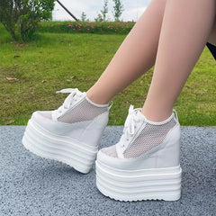 Breathable Mesh Women’s Platform Shoes 2025 Summer High Heels 14cm 16cm Female Sneakers Women White Black Shoes Summer Sneaker
