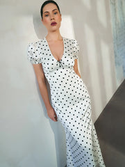 JULISSA MO Sexy V-neck Print Polka Dot Women Maxi Dress White Short Sleeve Lace Up Dress Summer Slim Elegant Party Evening Dress