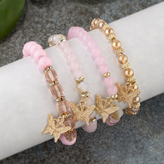Juego de 4 pulseras de cuentas de mariposa de moda para mujer, brazalete de cadena elástica con cuentas acrílicas rosas, joyería bohemia para fiesta, regalo
