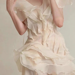 2025 New Ruffle Dress Niche Design Flowers Gentle Sweet Short Skirt Irregular About
