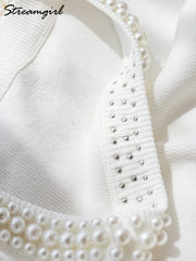 Blusa de punto con cuentas de verano para mujer, elegante blusa blanca lisa sin mangas para oficina, top de punto fino con cuello redondo, camiseta sin mangas con cuentas para mujer