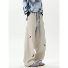 Women Pants Spring Summer New Patchwork Dog Embroidery Cute High Waist Drawstring Waist Wide Leg Pants Female Women Pants Clothe