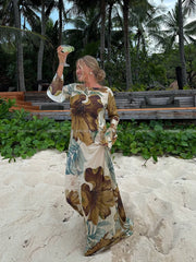 Vestido largo de fiesta con cuello en V, manga larga y estampado retro de plantas para mujer