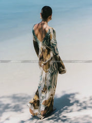 Vestido largo de fiesta con cuello en V, manga larga y estampado retro de plantas para mujer