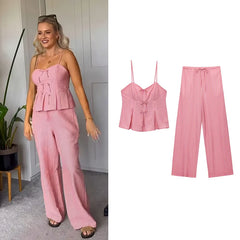 Women's 2025 New Pants Sets Summer Fashion Striped Elastic Waist Pants 2-piece Set Street Chic Elegant Women Holiday Travel Suit