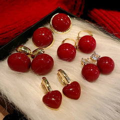 Delicate Red Round Bead Earrings Women's Fashion Inlaid Zircon Earrings Sweet Geometry Earrings Party Jewelry New Years Gifts