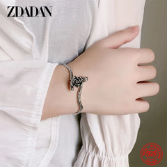 Pulsera y brazalete ajustable de flor negra de plata esterlina 925 ZDADAN para mujer, joyería de moda