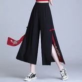 Fashion Women Trousers High Waist Wide Leg Pants Chiffon Slit Culottes Cheap Wholesale Elastic Waist Cropped Pants Free Shipping