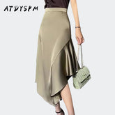 Elegant High Waist Satin Skirts Women Irregular Mermaid Skirt Fashion Streetwear Casual A-Line Skirts Office Lady Long Skirts